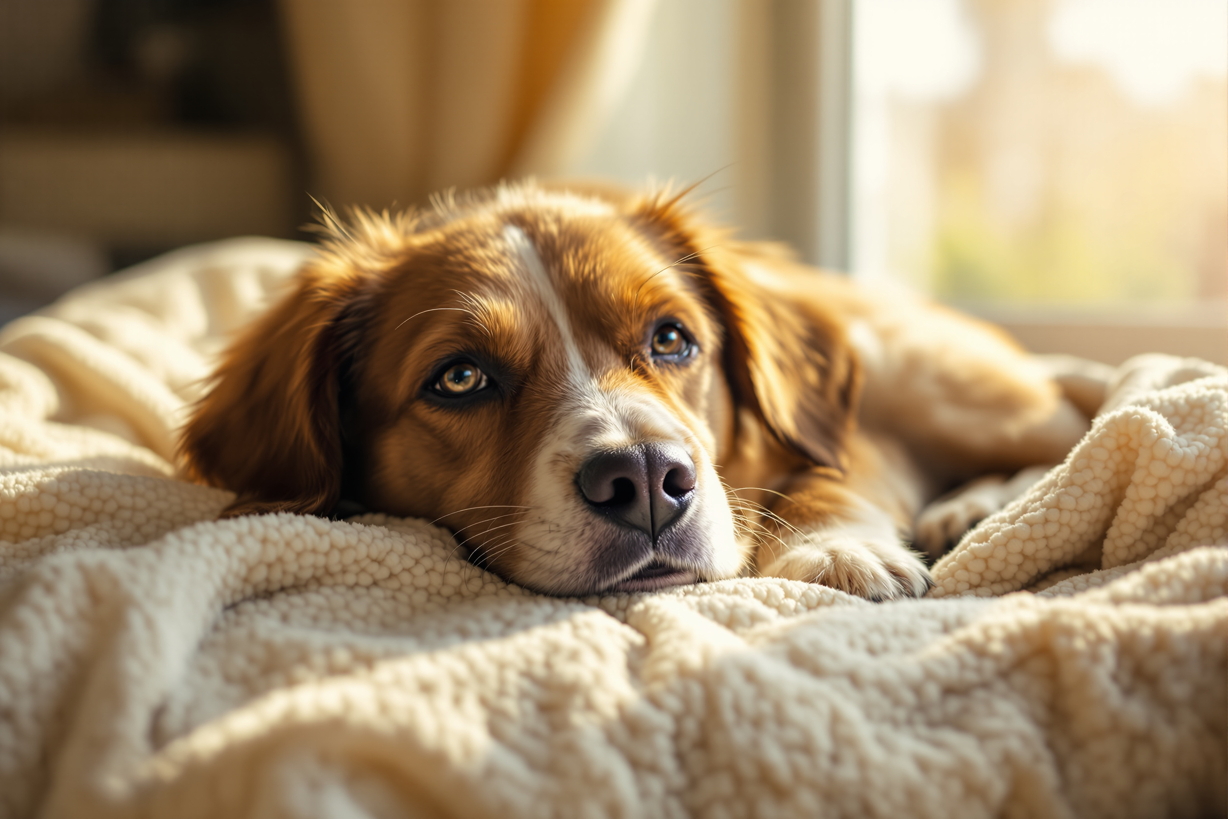 A relaxed senior dog lying comfortably on a soft blanket at home